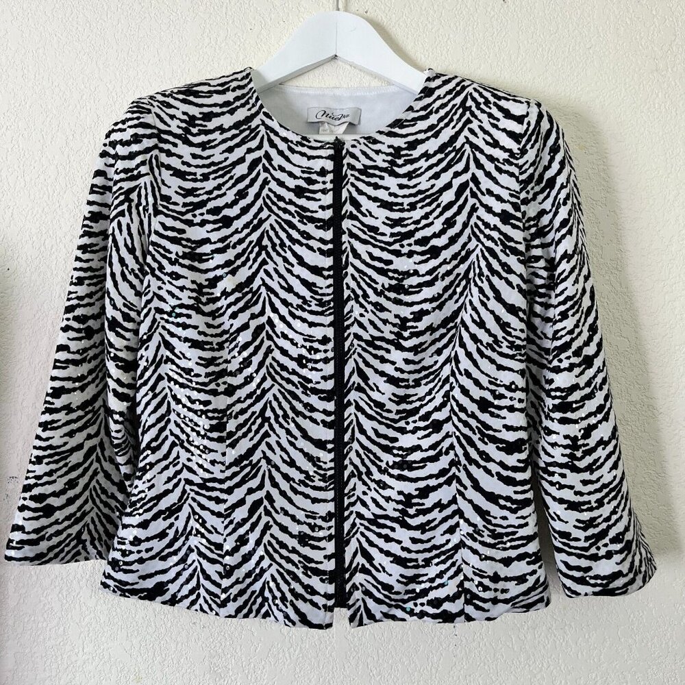 Nueva Womens Size 8 White Black Print Zip Front Blazer Jacket Lightweight Casual